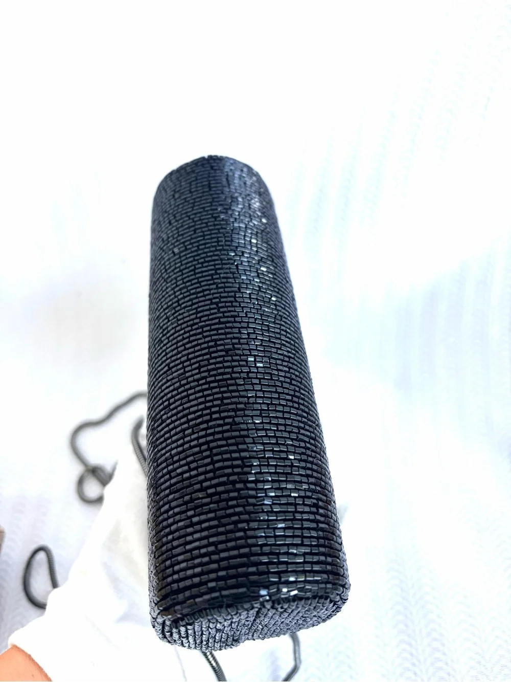 Vintage Lord & Taylor Black Beaded Cylinder Evening Clutch with Chain Strap